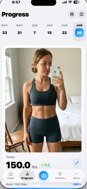 Weight progress screen showing 150 lbs with a body progress photo and calendar