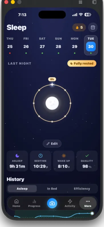 Sleep tracking screen in dark mode showing 9 hours 31 minutes asleep and a night-sky ring